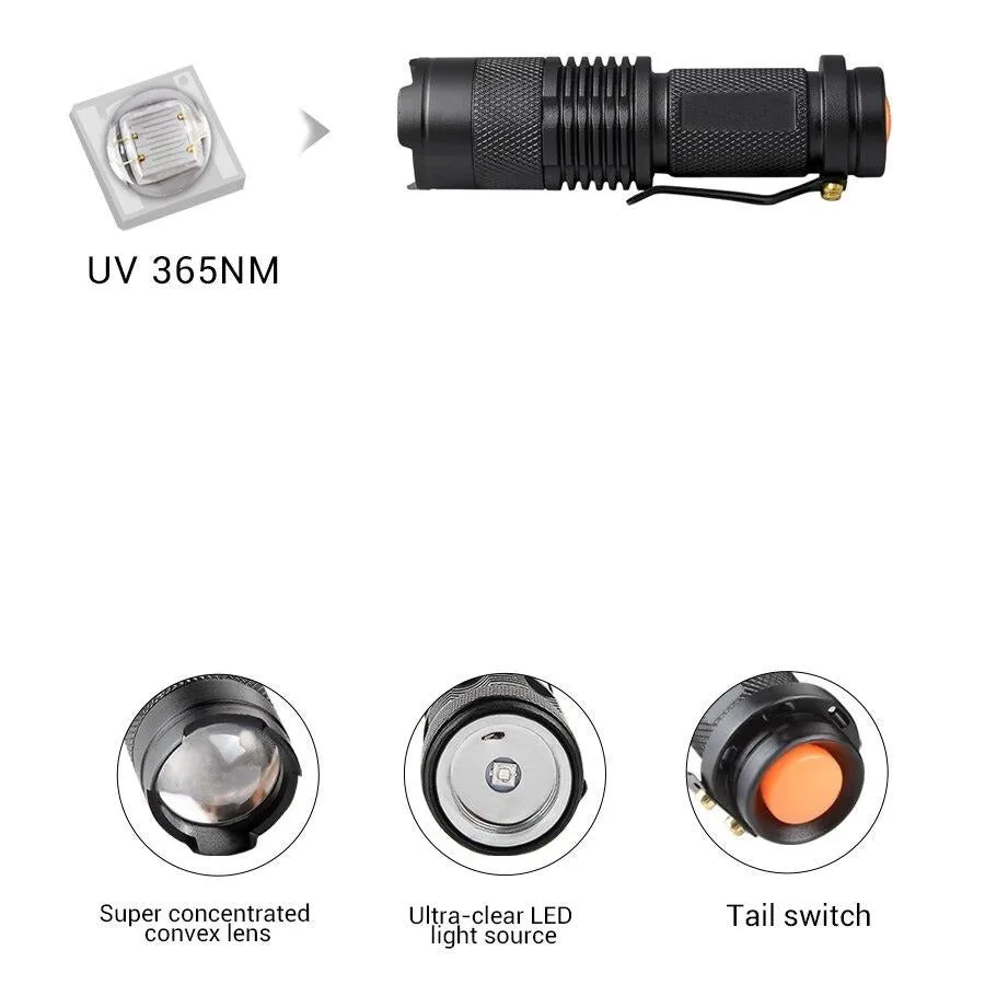 365nm UV Flashlight Black Light LED Ultra Violet Small Flashlights Pet Stains Scorpions Fluorescent Detector (No Battery Included)