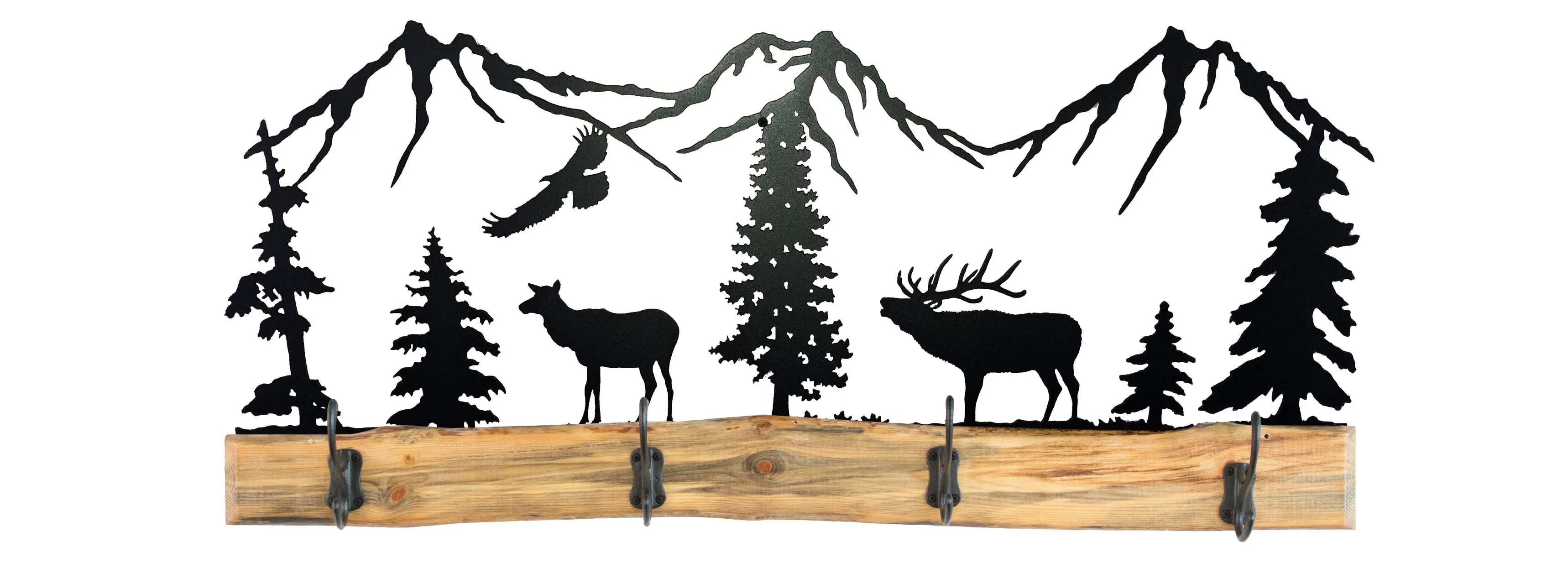 38 Inch Rustic Wooden Coat Racks - Metal Full Woodland Scene