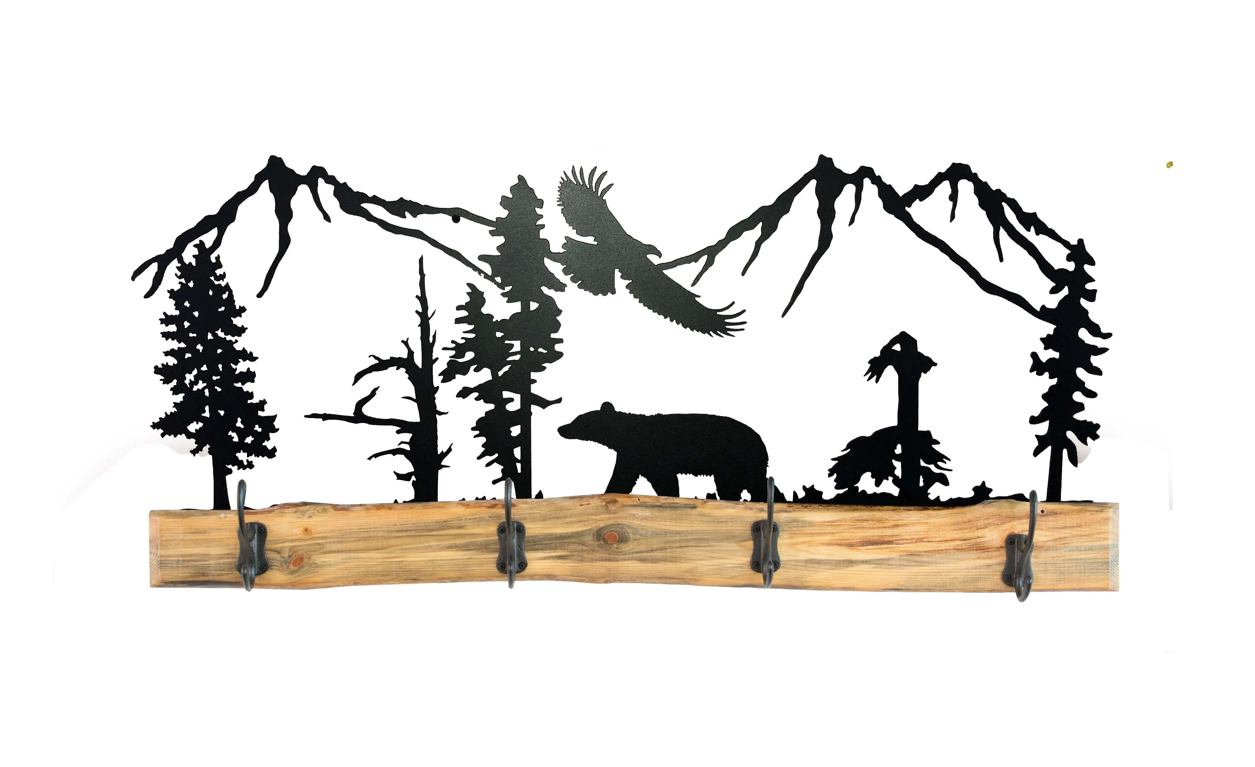 38 Inch Rustic Wooden Coat Racks - Metal Full Woodland Scene