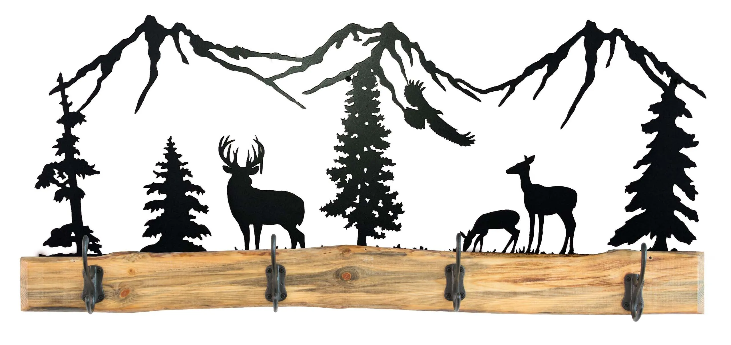 38 Inch Rustic Wooden Coat Racks - Metal Full Woodland Scene