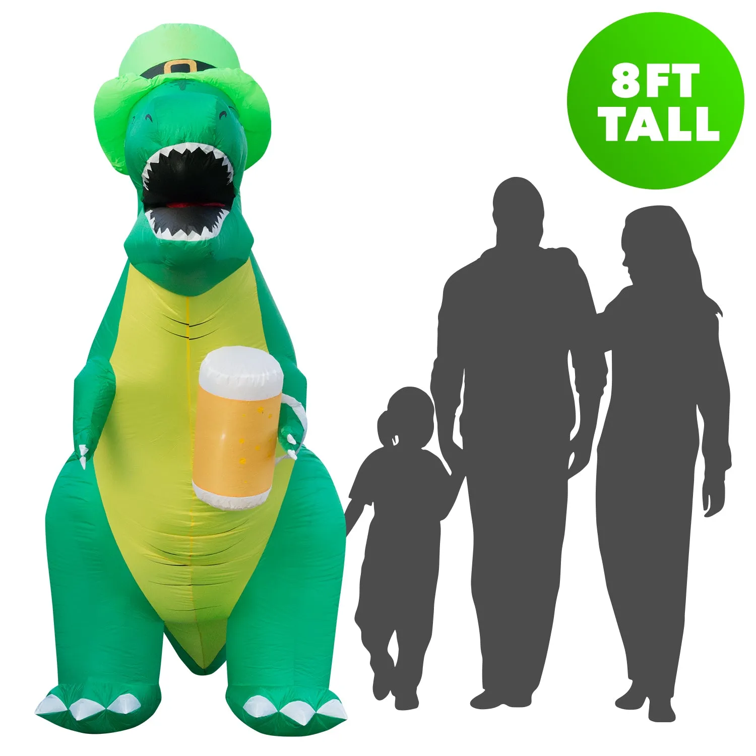 8ft Tall Saint Patrick's Day Leprechaun T-Rex Lawn Inflatable, Bright Lights, Built-in Fan, and Included Stakes and Ropes