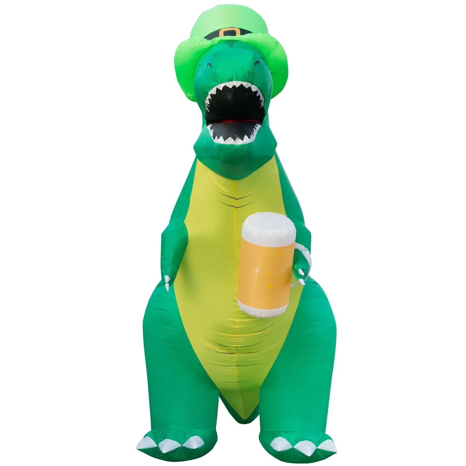 8ft Tall Saint Patrick's Day Leprechaun T-Rex Lawn Inflatable, Bright Lights, Built-in Fan, and Included Stakes and Ropes