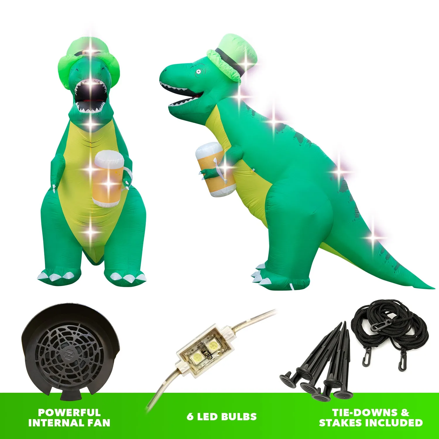 8ft Tall Saint Patrick's Day Leprechaun T-Rex Lawn Inflatable, Bright Lights, Built-in Fan, and Included Stakes and Ropes