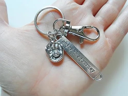 Baseball or Softball Keychain with Baseball Mitt Charm, Enjoy the Journey Charm, and Swivel Clasp, Team Player Keychain