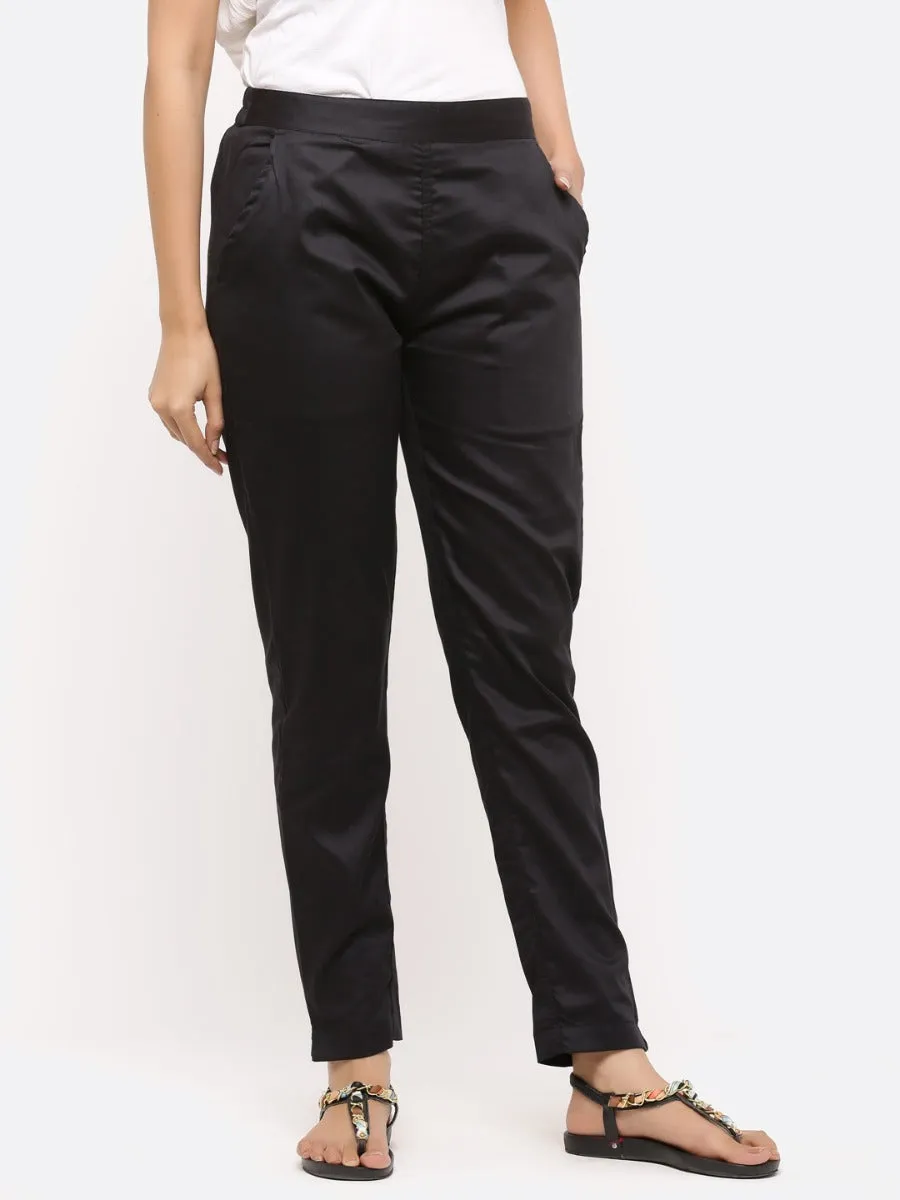 Black Solid Cotton Lycra Pants