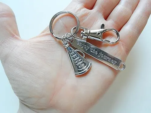 Cheerleader Charm Keychain with Cheer Megaphone Charm, Enjoy the Journey Charm & Swivel Clasp, Cheerleading School Team Keychain, Cheer Team Keychain