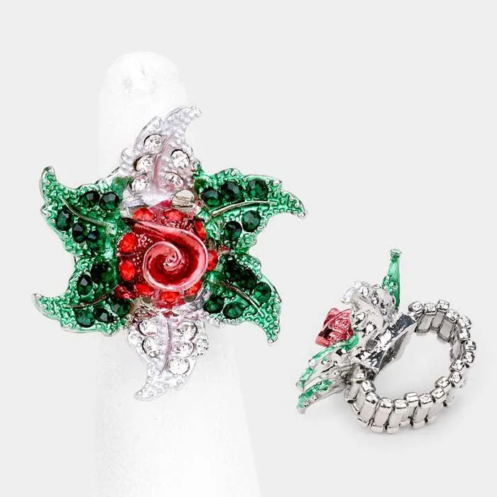 Christmas Flower Collar Evening Necklace Earring Ring Set