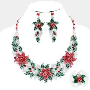 Christmas Flower Collar Evening Necklace Earring Ring Set