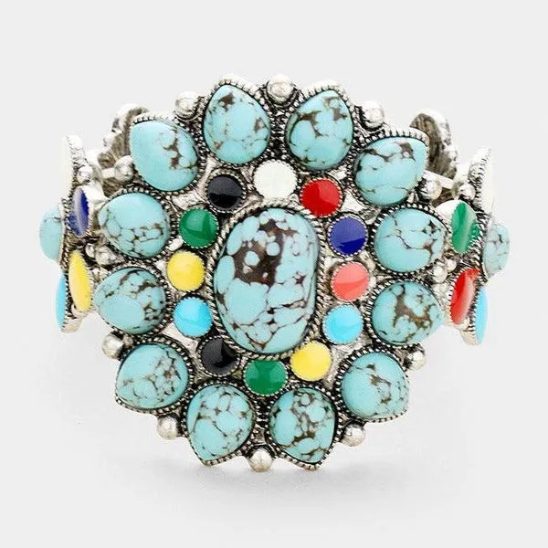 Floral Tribal Turquoise Teardrop Cluster Stretch Bracelet