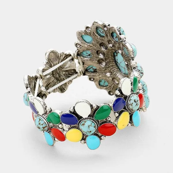 Floral Tribal Turquoise Teardrop Cluster Stretch Bracelet