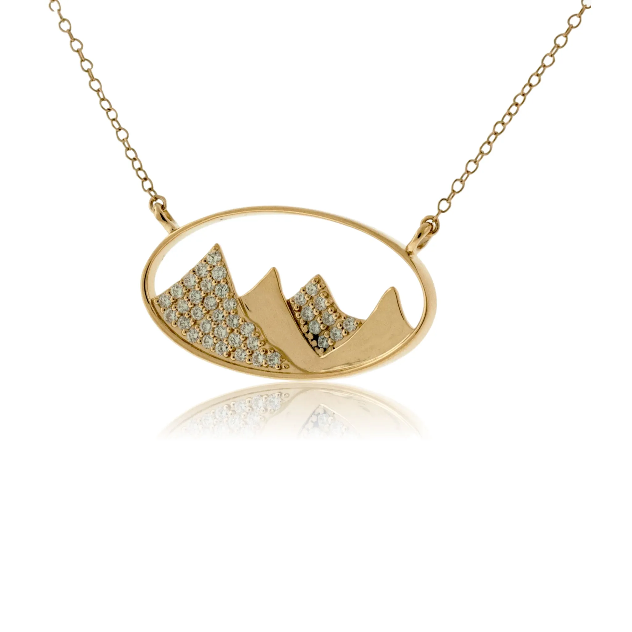 Gold Oval Outline and Diamond Mountain Silhouette Necklace