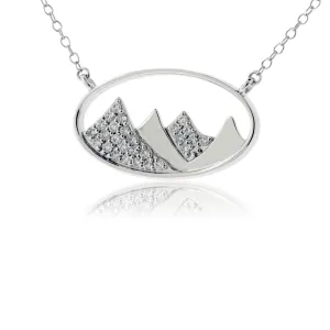 Gold Oval Outline and Diamond Mountain Silhouette Necklace