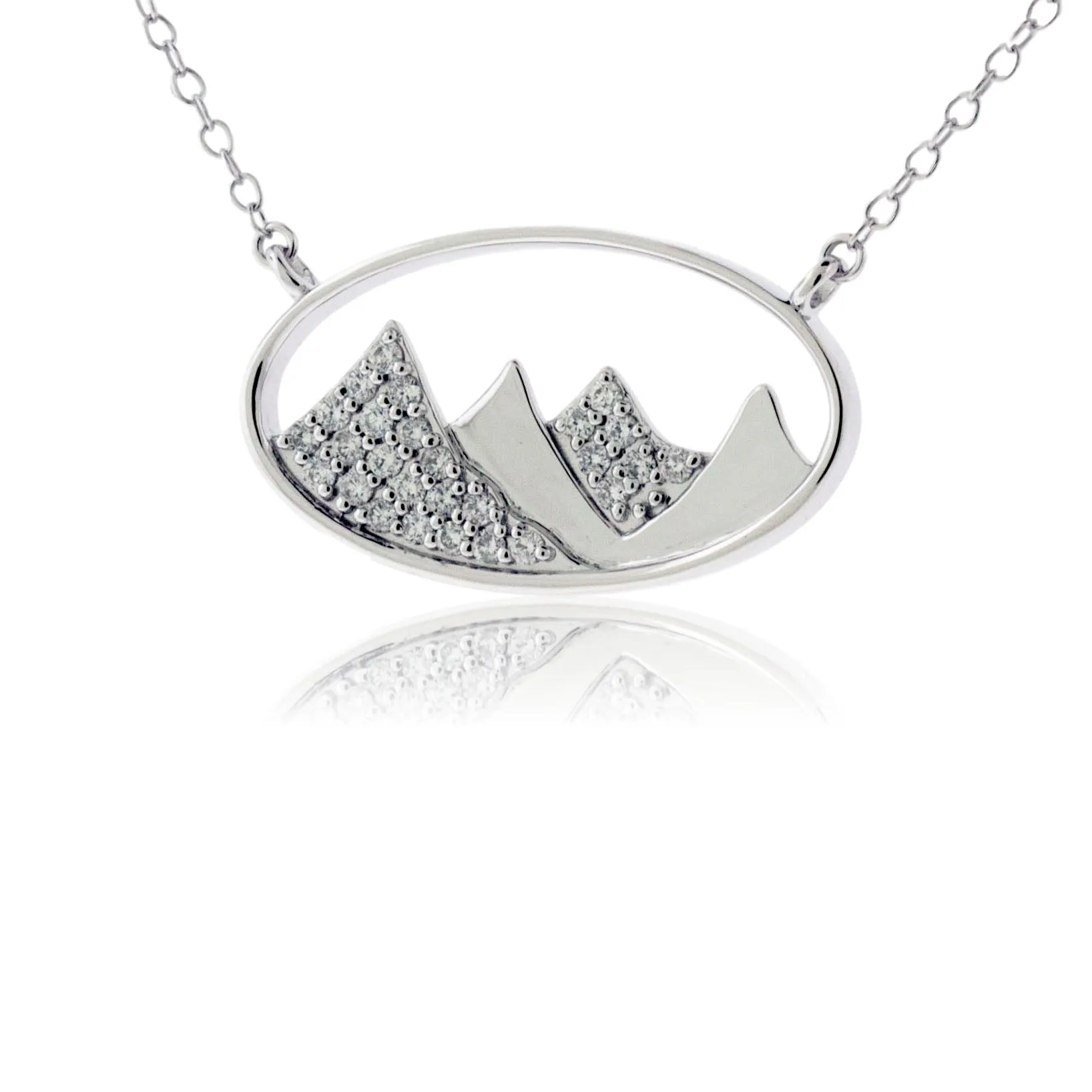 Gold Oval Outline and Diamond Mountain Silhouette Necklace