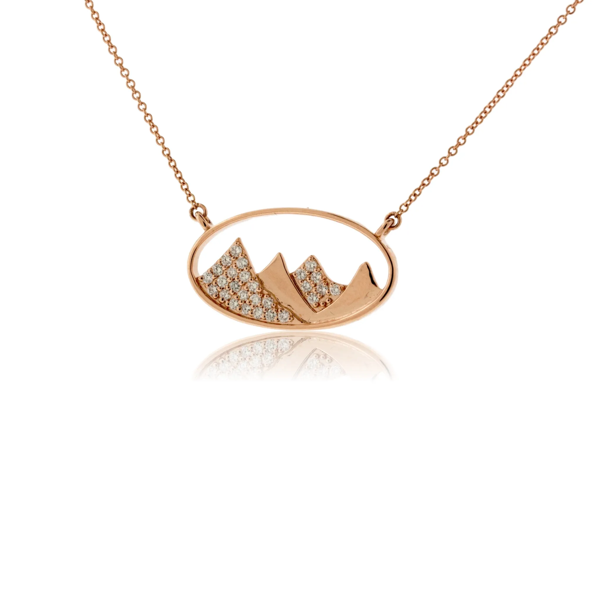 Gold Oval Outline and Diamond Mountain Silhouette Necklace