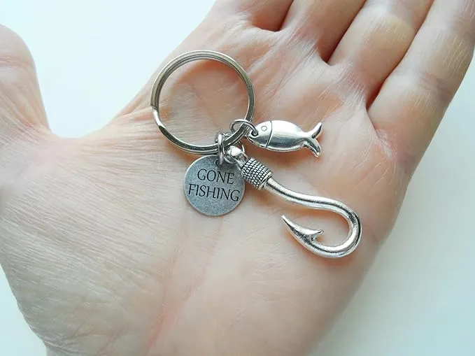 Gone Fishing Fish Hook Charm Keychain with Small Fish Charm