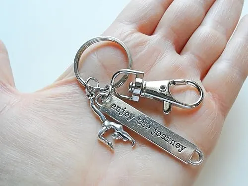 Gymnastics Keychain with Gymnast Charm, Enjoy the Journey Charm, and Swivel Clasp; Gymnast or Coach Keychain
