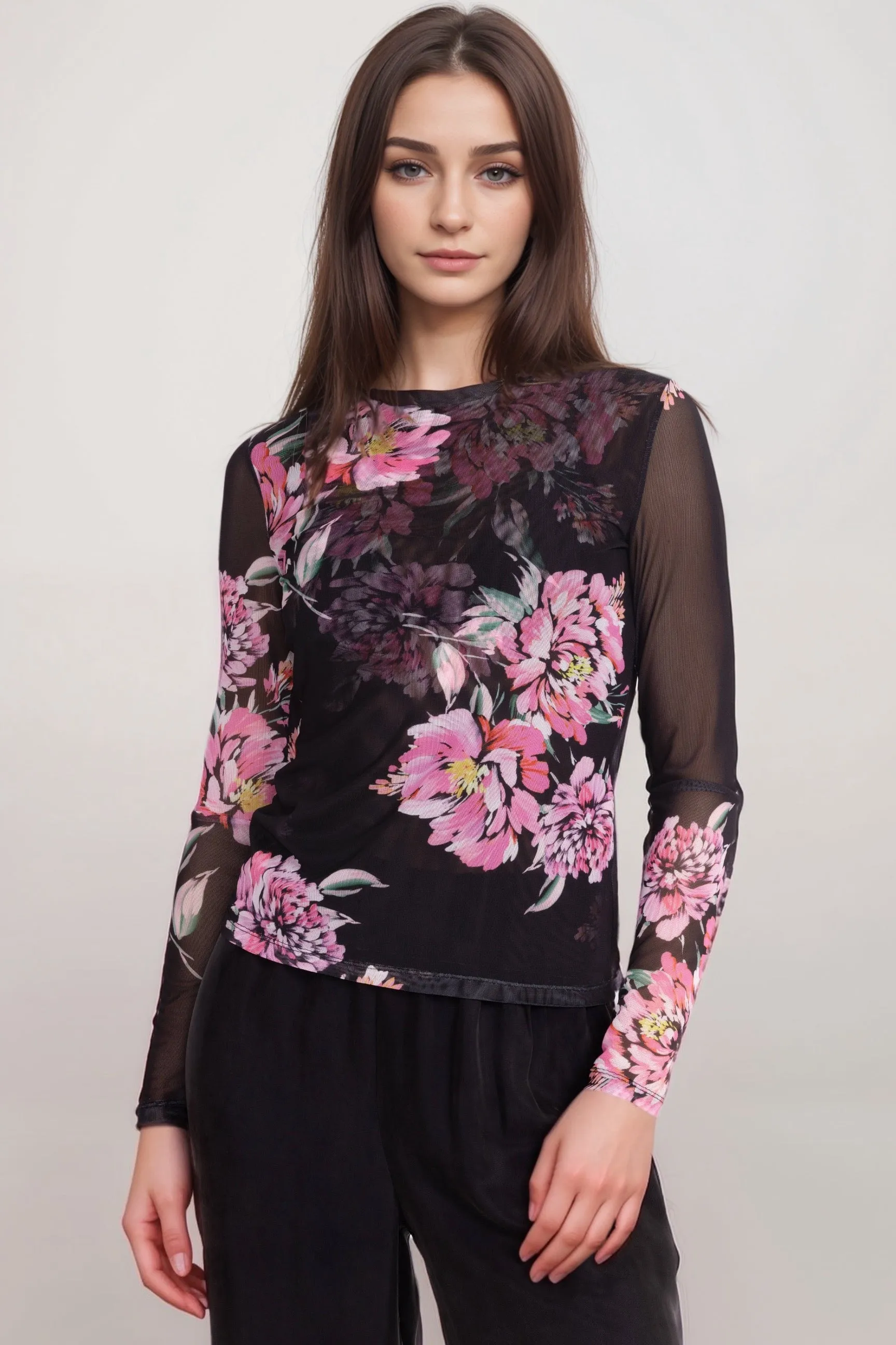 Johnny Was Jade Black Natalie Long Sleeve Mesh Tee L11924