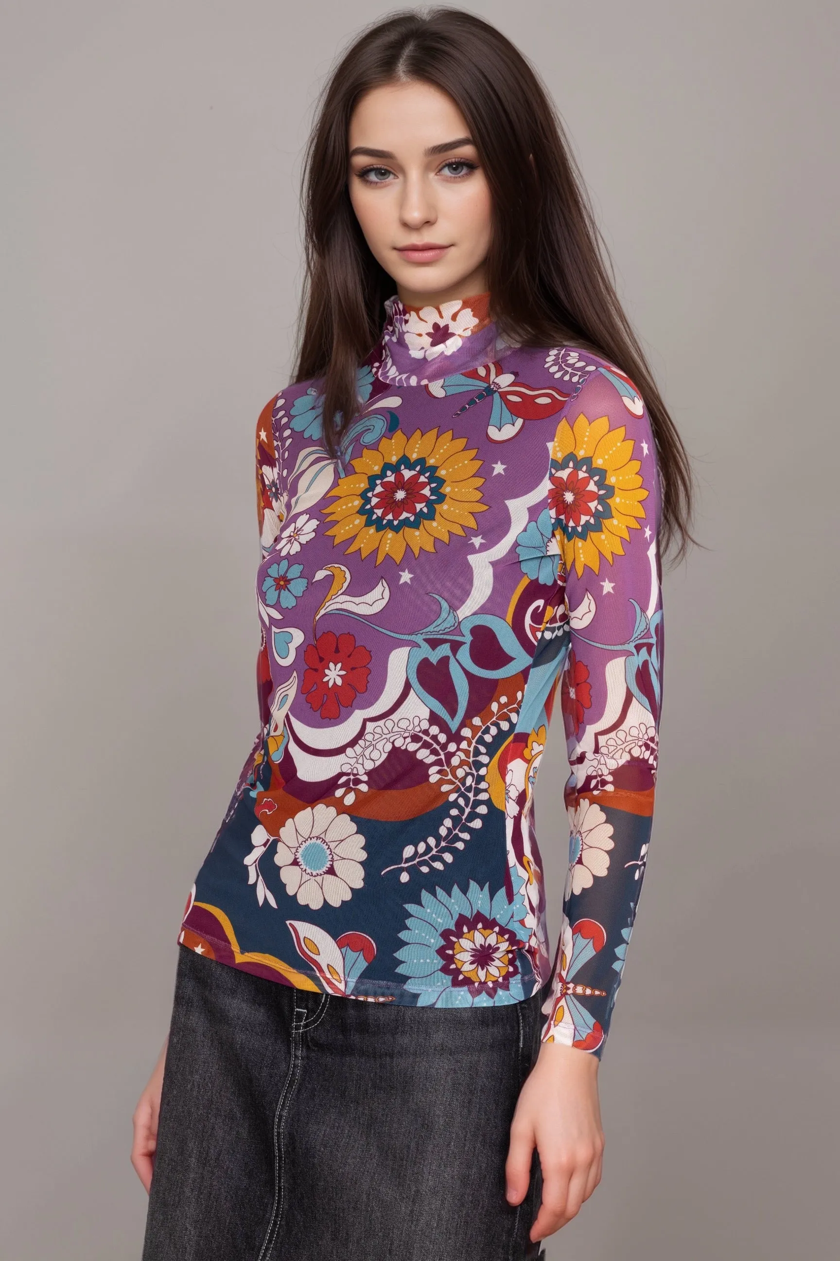 Johnny Was Jade Rebecca Mesh Mock Neck Long Sleeve Tee L12524