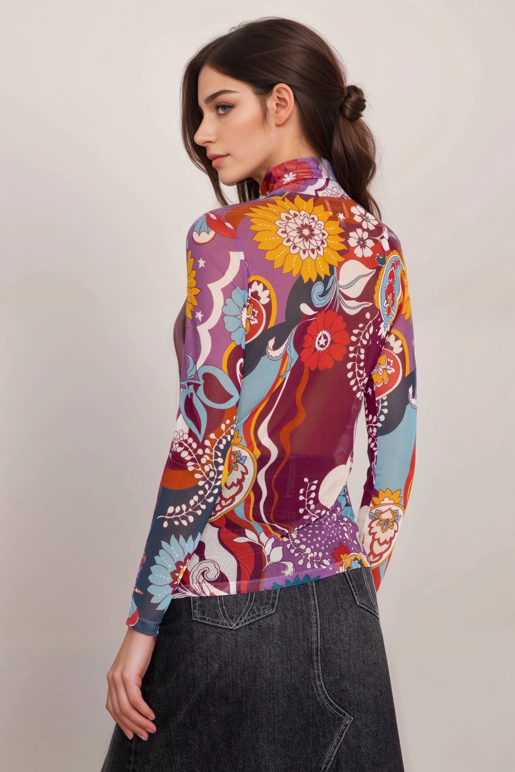 Johnny Was Jade Rebecca Mesh Mock Neck Long Sleeve Tee L12524