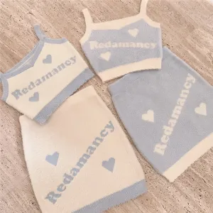 Letter Heart Knit Camisole Skirt Cream Blue Suit UB6256