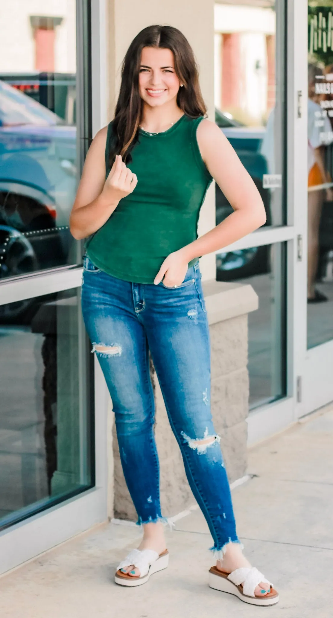 Living Life Acid Wash Tank in Green