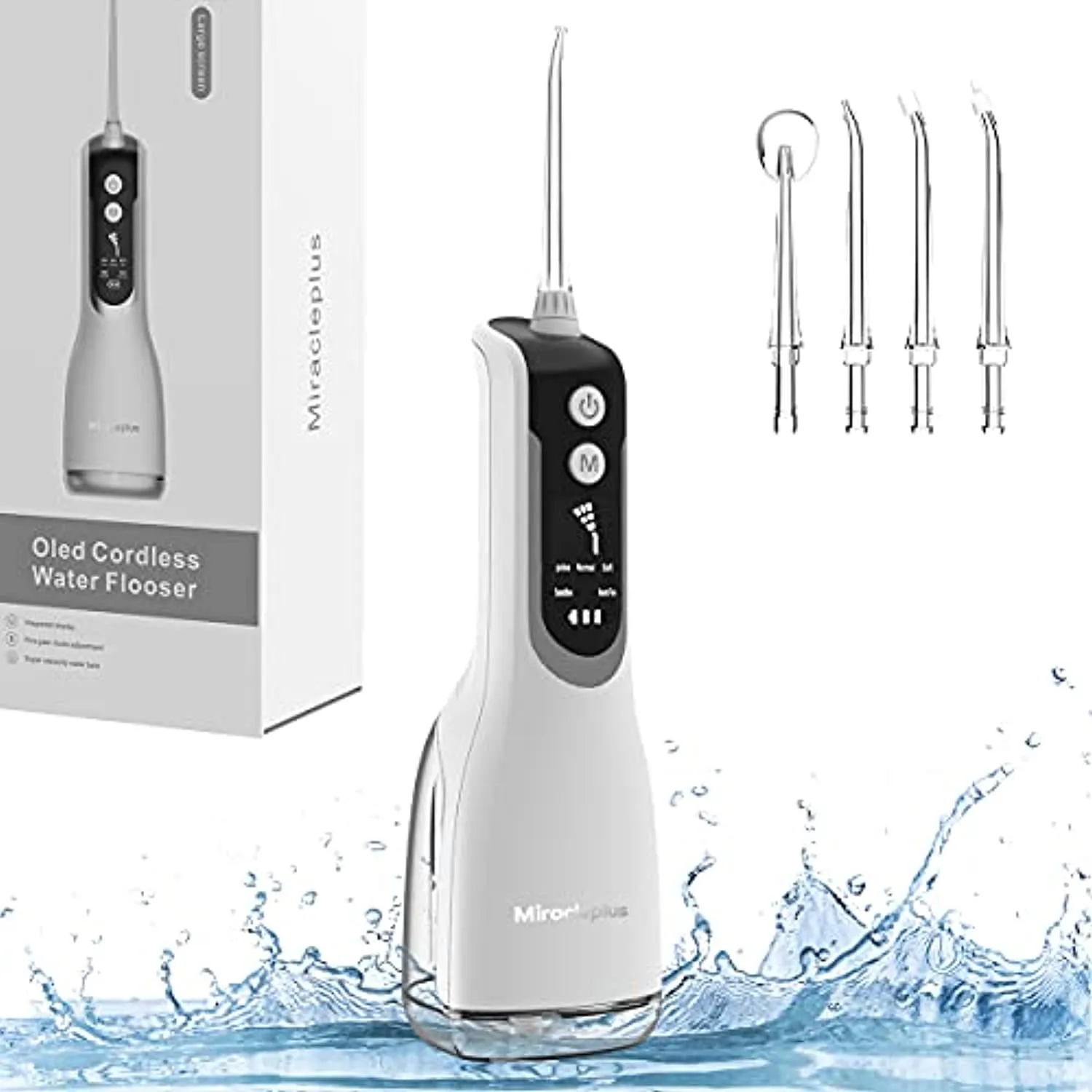 Miracleplus Professional OLED Display Water Flosser for Teeth, Cordless Dental Oral Irrigator for Travel &Home, IPX7 Waterproof Rechargeable Water Pick with 5 Mode