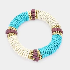 Natural Stone Blue & Ivory Seed Beaded Stretch Bracelet