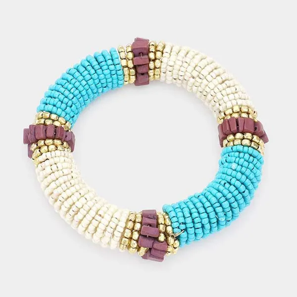 Natural Stone Blue & Ivory Seed Beaded Stretch Bracelet