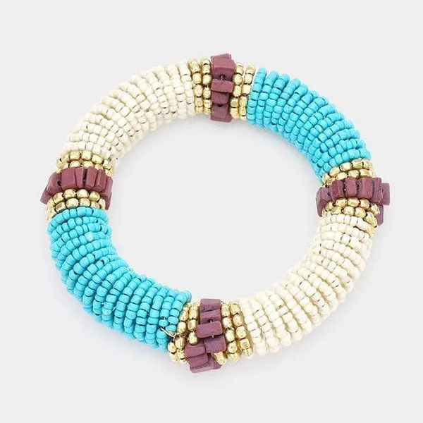 Natural Stone Blue & Ivory Seed Beaded Stretch Bracelet