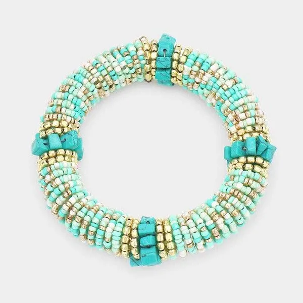 Natural Stone Blue Seed Beaded Stretch Bracelet