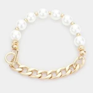 Pearl (Faux) Metal Chain Link Stretch Bracelet