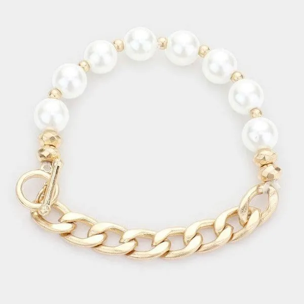 Pearl (Faux) Metal Chain Link Stretch Bracelet