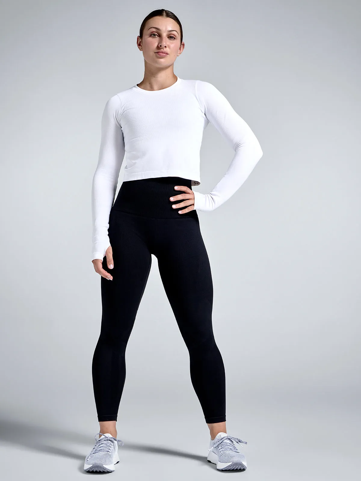 POWER CROP Long Sleeve Top White