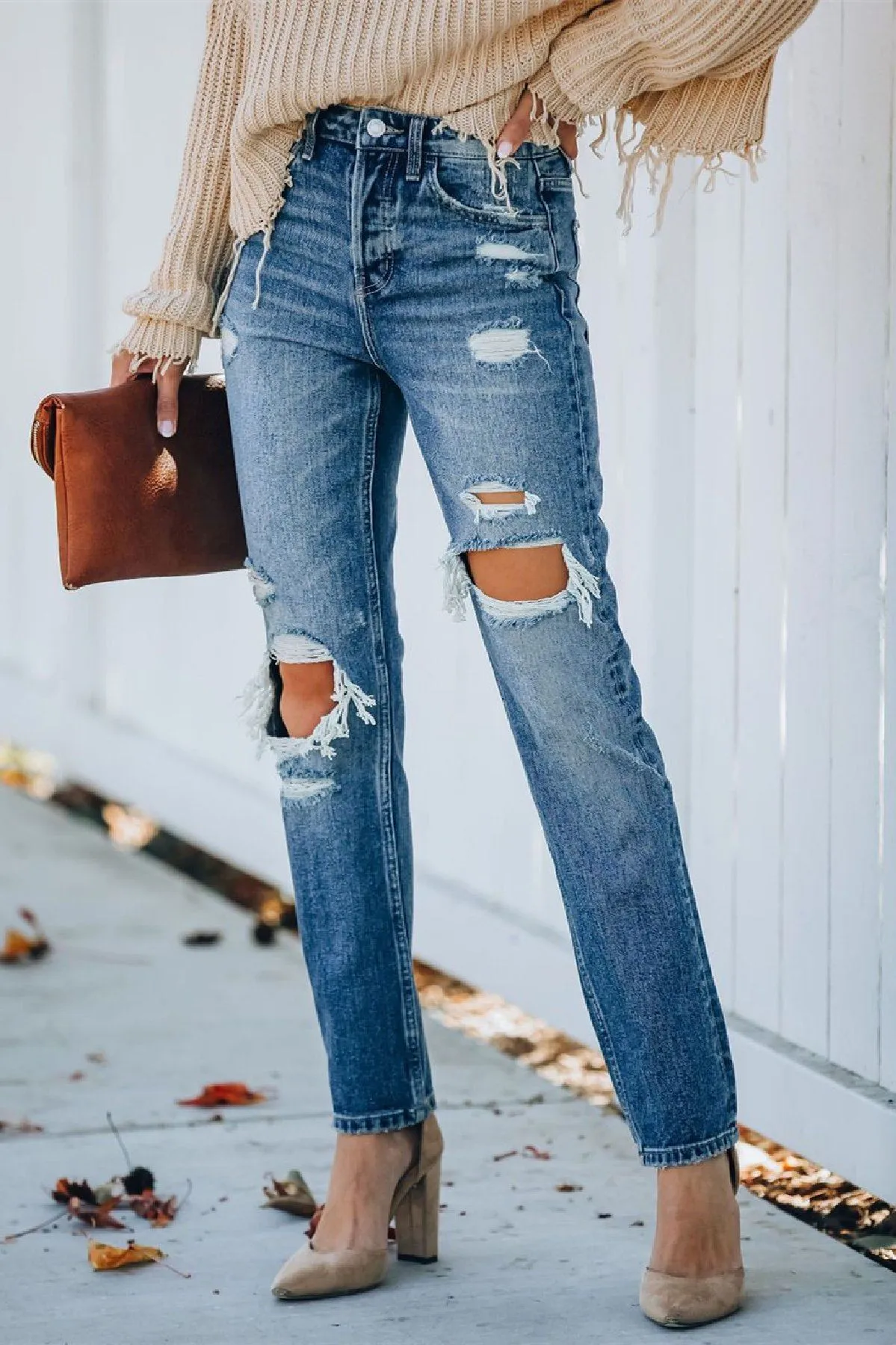 Rocky Distressed High Rise Straight Leg Denim
