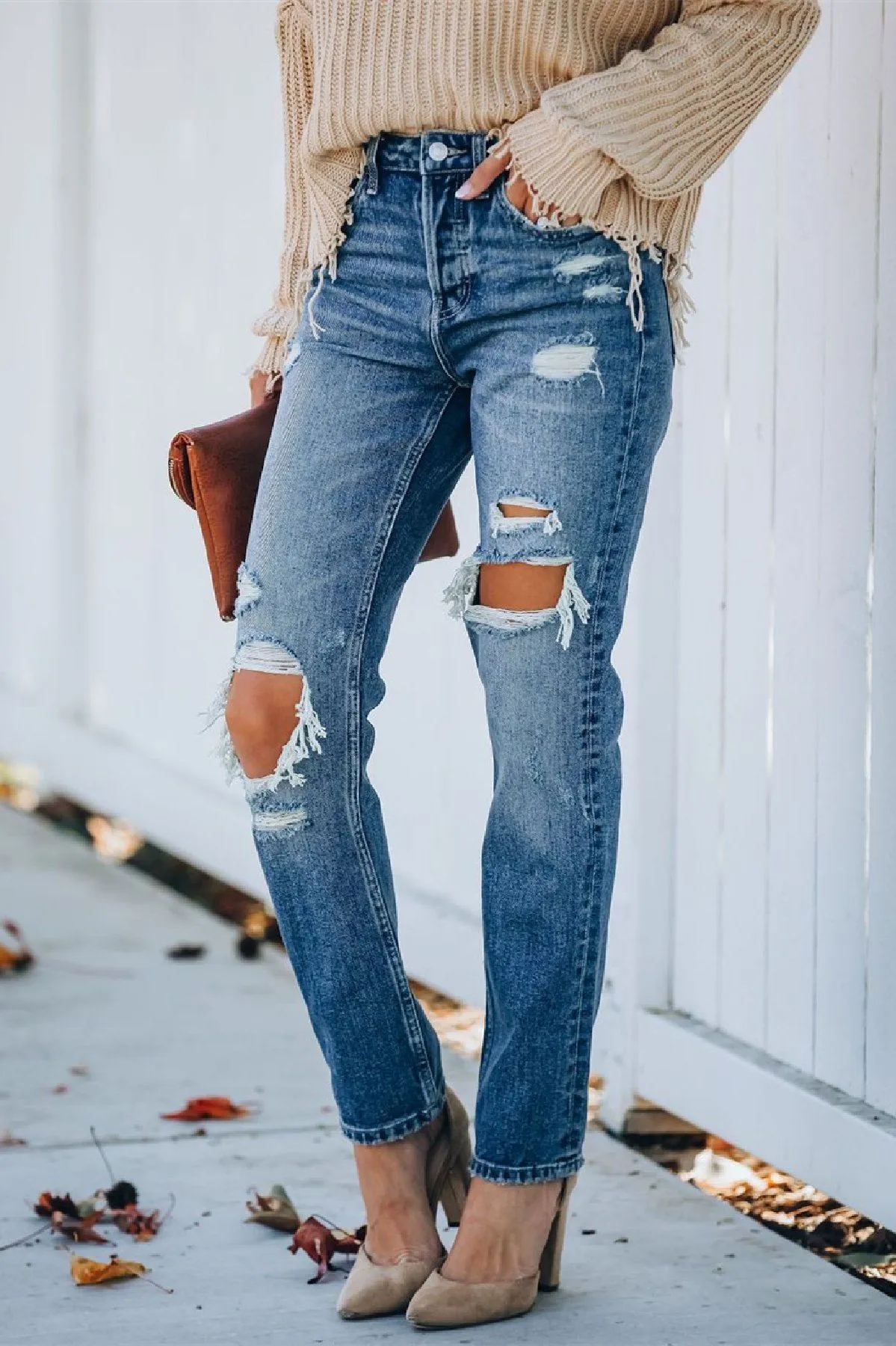 Rocky Distressed High Rise Straight Leg Denim