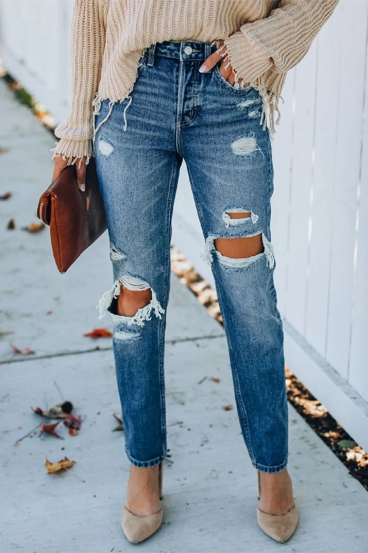 Rocky Distressed High Rise Straight Leg Denim