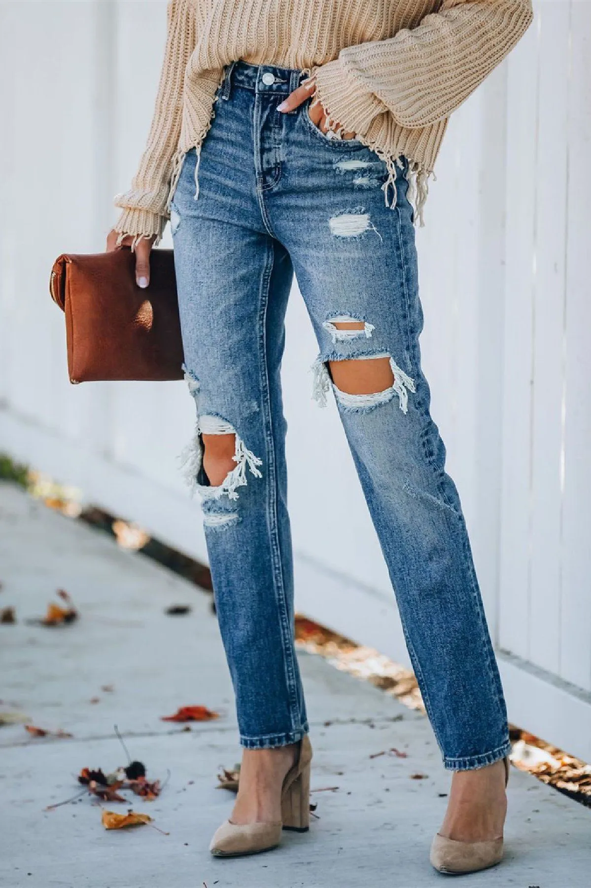 Rocky Distressed High Rise Straight Leg Denim