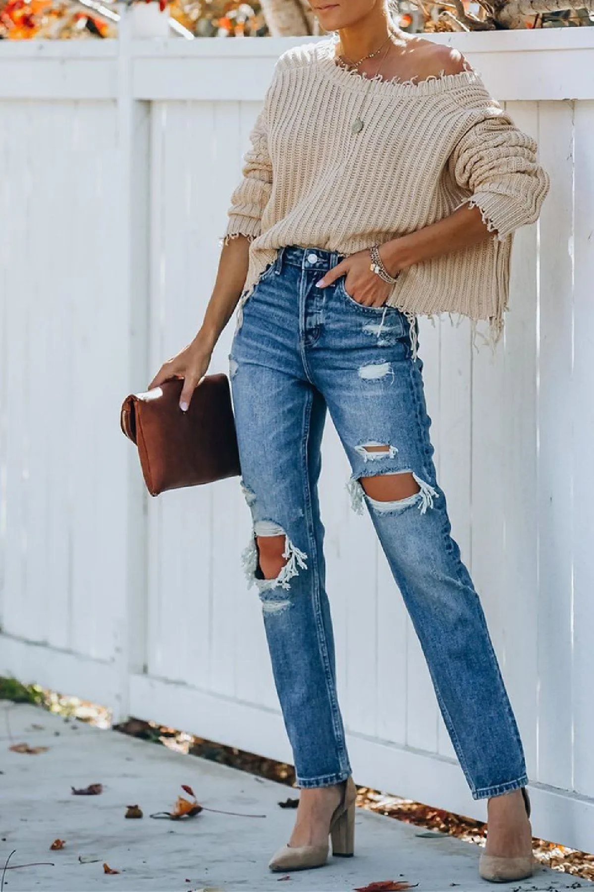 Rocky Distressed High Rise Straight Leg Denim