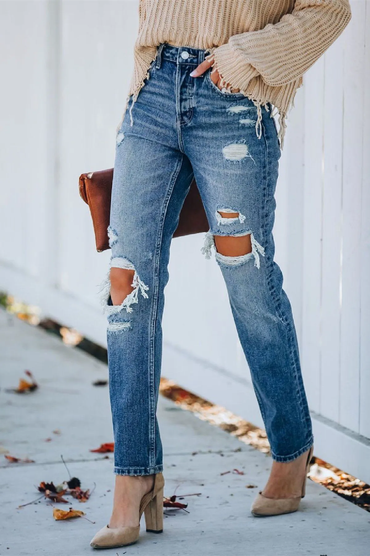 Rocky Distressed High Rise Straight Leg Denim