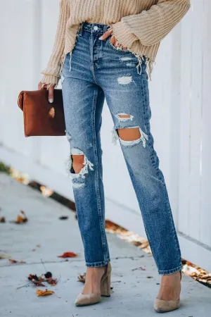 Rocky Distressed High Rise Straight Leg Denim