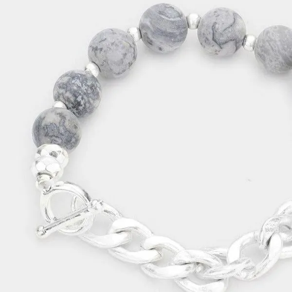 Semi Precious Stone Metal Chain Link Stretch Bracelet