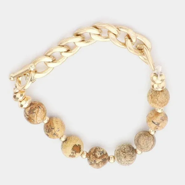 Semi Precious Stone Metal Chain Link Stretch Bracelet