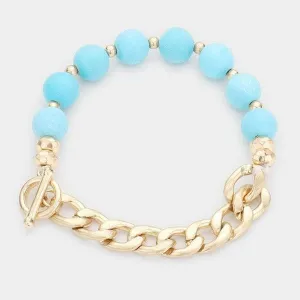 Semi Precious Stone Metal Chain Link Stretch Bracelet