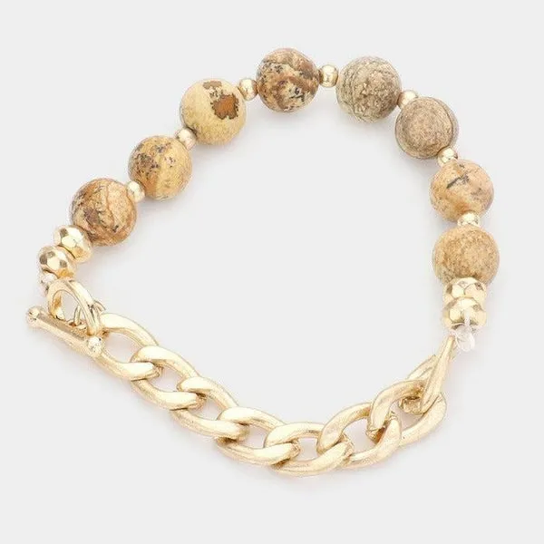 Semi Precious Stone Metal Chain Link Stretch Bracelet