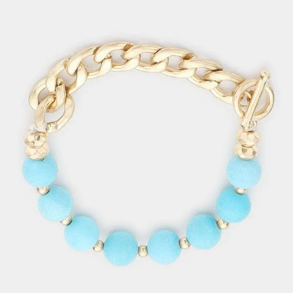 Semi Precious Stone Metal Chain Link Stretch Bracelet