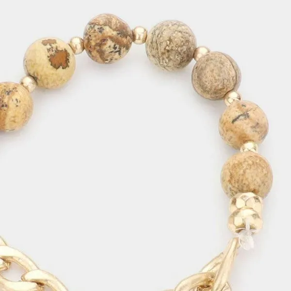 Semi Precious Stone Metal Chain Link Stretch Bracelet