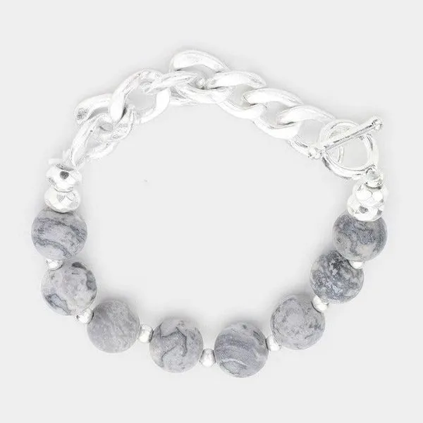 Semi Precious Stone Metal Chain Link Stretch Bracelet