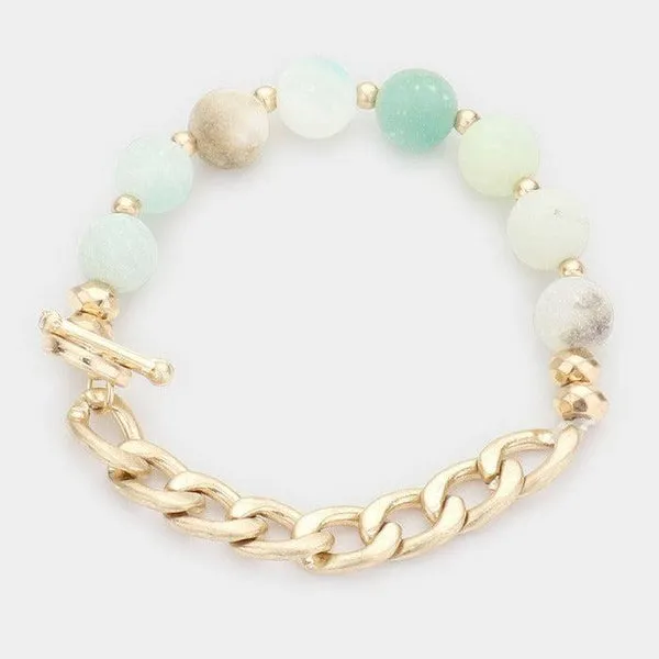Semi Precious Stone Metal Chain Link Stretch Bracelet