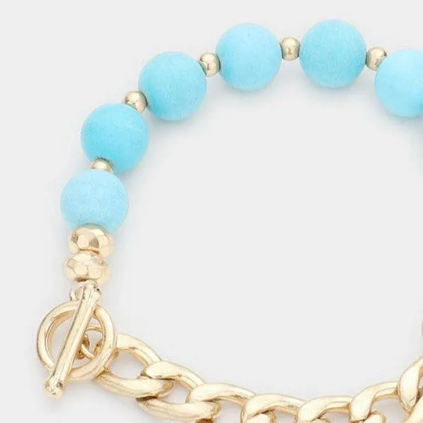 Semi Precious Stone Metal Chain Link Stretch Bracelet