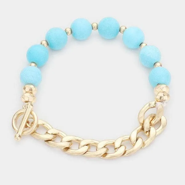 Semi Precious Stone Metal Chain Link Stretch Bracelet